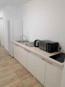 a kitchen with a sink and a microwave at Noclegi u Eugenii in Licheń Stary