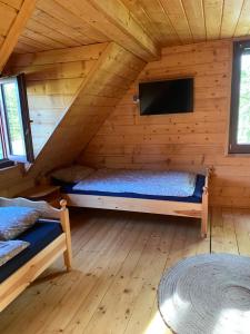 a log cabin with two beds and a flat screen tv at Domek nad jeziorem Winiec in Miłomłyn