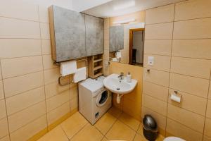 a bathroom with a sink and a washing machine at Fatrapark 2, Ap217 in Ružomberok