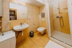 a bathroom with a sink and a toilet and a shower at Fatrapark 2, Ap217 in Ružomberok
