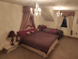 a bedroom with two beds and a chandelier at Ballylawn Lodge in Letterkenny