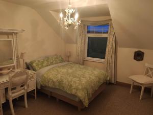 1 dormitorio con cama, ventana y lámpara de araña en Ballylawn Lodge, en Letterkenny