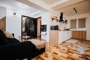ein Wohnzimmer mit einem Sofa und einer Küche in der Unterkunft DOUX Apartman in Odorheiu Secuiesc