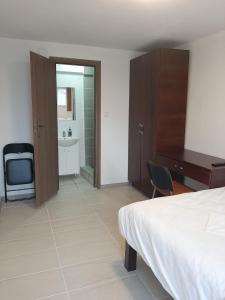 1 dormitorio con cama, escritorio y lavamanos en Vila Dionysos Brasov, en Brasov