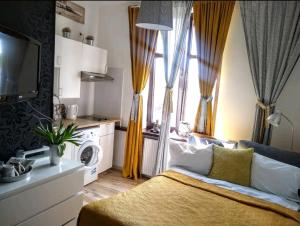 カトヴィツェにあるEvitaWitaGliwicka 700mGaleriaKatowiceのベッドルーム1室(ベッド1台付)、窓付きのキッチンが備わります。