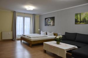 Hotel Garni Am Klostermarkt في بلاوين: غرفة معيشة مع سرير وأريكة