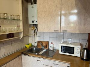 kuchnia ze zlewem i kuchenką mikrofalową w obiekcie 3х комнатная квартира возле парка w mieście Rivne