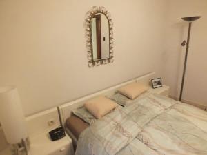 1 dormitorio con cama y espejo en la pared en Woning 'Chez Marley' in Maasmechelen, en Maasmechelen