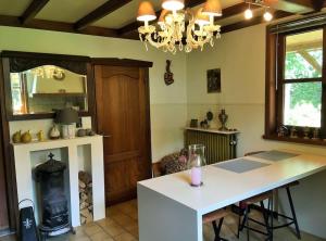 cocina con mesa y lámpara de araña en Woning 'Chez Marley' in Maasmechelen, en Maasmechelen