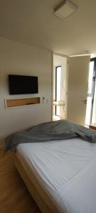 1 dormitorio con 1 cama y TV de pantalla plana en BLACK BOX CABAÑAS A en Villa Santa Cruz del Lago