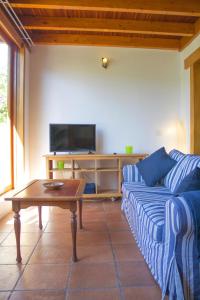 ein Wohnzimmer mit einem blauen Sofa und einem TV in der Unterkunft Casa BellaVista de Haría in Haría