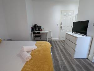 um quarto com uma cama, uma televisão e uma secretária em Mile End- Prime location em Londres