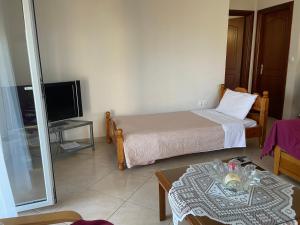 伊古邁尼察的住宿－Nice Cosy apartment in Igoumenitsa，客房设有1张床、1张桌子和1台电视。