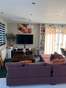 uma sala de estar com dois sofás roxos e uma televisão em Villa 4ch 4Sdb à 5min de Nantes em Sainte-Luce-sur-Loire