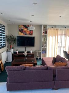 a living room with two purple couches and a tv at Villa 4ch 4Sdb à 5min de Nantes in Sainte-Luce-sur-Loire