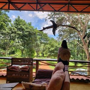 Una mujer está mirando por la ventana a un pájaro volando en Fazenda Hotel Bem Ecológico, en Planaltina