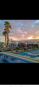 a large swimming pool with palm trees and a sunset at Villa Sara avec sa piscine et jardin in Marrakesh