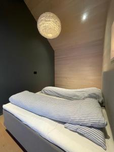 2 camas en un dormitorio con lámpara de araña en Superior Cabin with Private Beach Lofoten, 