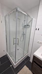 um chuveiro com uma porta de vidro na casa de banho em Großzügige Fewo Peter in Bärenstein em Bärenstein