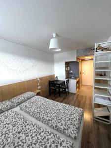 セルヴァ・ディ・ヴァル・ガルデーナにあるBizStyle Apartmentのベッドルーム1室(ベッド2台、二段ベッド1組付)