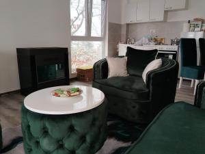 a living room with two chairs and a coffee table at Stari Hrast 2 in Prolomska Banja