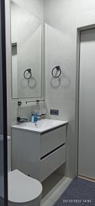 a bathroom with a sink and a toilet and a mirror at Centrado Apartments in Tashkent +30 photos