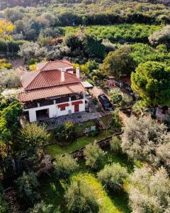 an aerial view of a house with a roof at Villa Eirini with sea view in Dhriópi