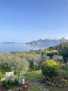 a garden with a view of the water at Villa Eirini with sea view in Dhriópi