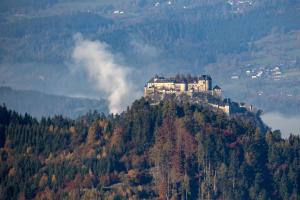 un castillo en la cima de una colina con árboles en Schöne Ferienwohnung in Kärnten Hunde gerne auf Anfrage, en Sankt Veit an der Glan