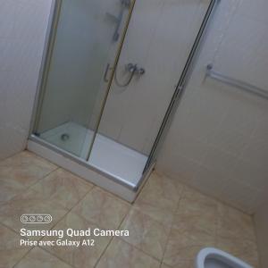 W łazience znajduje się prysznic ze szklanymi drzwiami. w obiekcie Chez mimi 2 w mieście Mahébourg