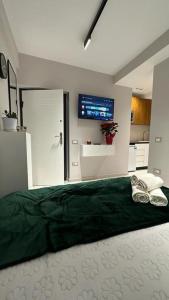 um quarto com uma cama verde e uma televisão na parede em Host Apartament Elio em Tirana