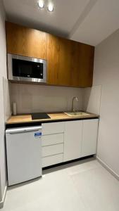 uma cozinha com um lavatório e um micro-ondas em Host Apartament Elio em Tirana