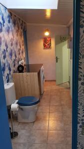 La salle de bains est pourvue de toilettes, d'un lavabo et d'un comptoir. dans l'établissement La Maison de Lucette, à Fourmies