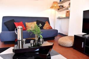 salon z niebieską kanapą i czerwonymi poduszkami w obiekcie Lovely flat in the heart of the medieval city w Hyères
