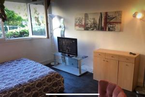 パリにあるCharming studio at the heart of 14 arrondissementのベッドと薄型テレビのある寝室