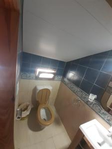 a bathroom with a toilet and a blue tiled wall at Alquiler temporario en Necochea in Necochea