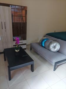 ein Wohnzimmer mit einem Sofa und einem Couchtisch in der Unterkunft Hotel Apartamentos "Dominó" in Tarija