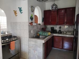 a kitchen with wooden cabinets and a sink and a stove at Aventura Pacifico Boutique Hotel in Bucerías