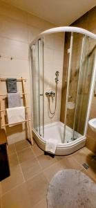 uma casa de banho com um chuveiro e um lavatório. em Apartment 533 at Aparthotel Vucko Jahorina em Jahorina
