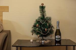 Una botella de vino y un árbol de Navidad en una mesa en New Gudauri Sunny studio, en Gudauri