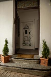an entrance to a building with two potted plants at Old town villa superior studio in Sibiu