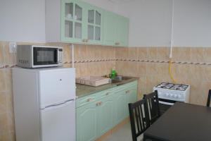 ニーレジハーザにあるSweet Dreams Apartmanのキッチン(白い冷蔵庫、電子レンジ付)