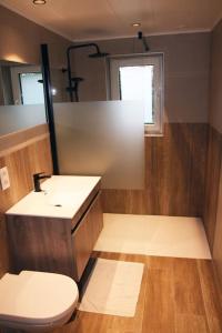 ein Badezimmer mit einem WC, einem Waschbecken und einem Spiegel in der Unterkunft La Maisonnette in Porcheresse