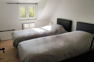 2 Betten in einem Zimmer mit 2 Fenstern in der Unterkunft La Maisonnette in Porcheresse