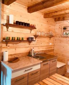 a kitchen with a sink in a wooden cabin at Etno kuća ''Nada'' in Jahorina