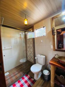 a bathroom with a toilet and a shower and a sink at Casa Lobo-guará in Alto Paraíso de Goiás
