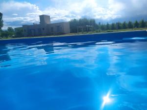 a swimming pool with blue water in front of a building at Finca La Clementina in Tunuyán
