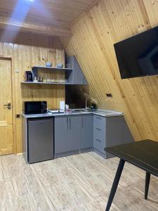 a kitchen with gray cabinets and a wooden wall at Green Villa Resort Small Gray in Dilijan