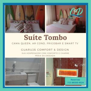 uma colagem de três fotografias de um quarto de hotel com pranchas de surf em Guarujá Comfort & Design no Guarujá