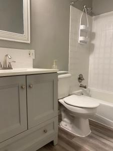 a white bathroom with a toilet and a sink at Peace of Cleveland 2bdrm Plus Semi Private Study with Futon 1st Floor Apartment Pets Welcomed, Family Friendly in Cleveland